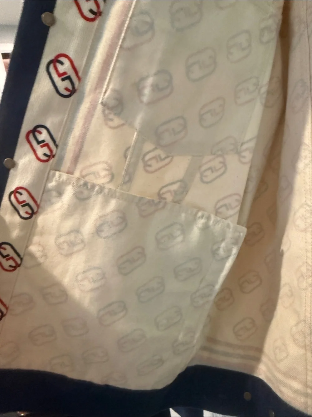 Gucci Cream Logo-Print Cotton Jacket with Navy & Red Trim